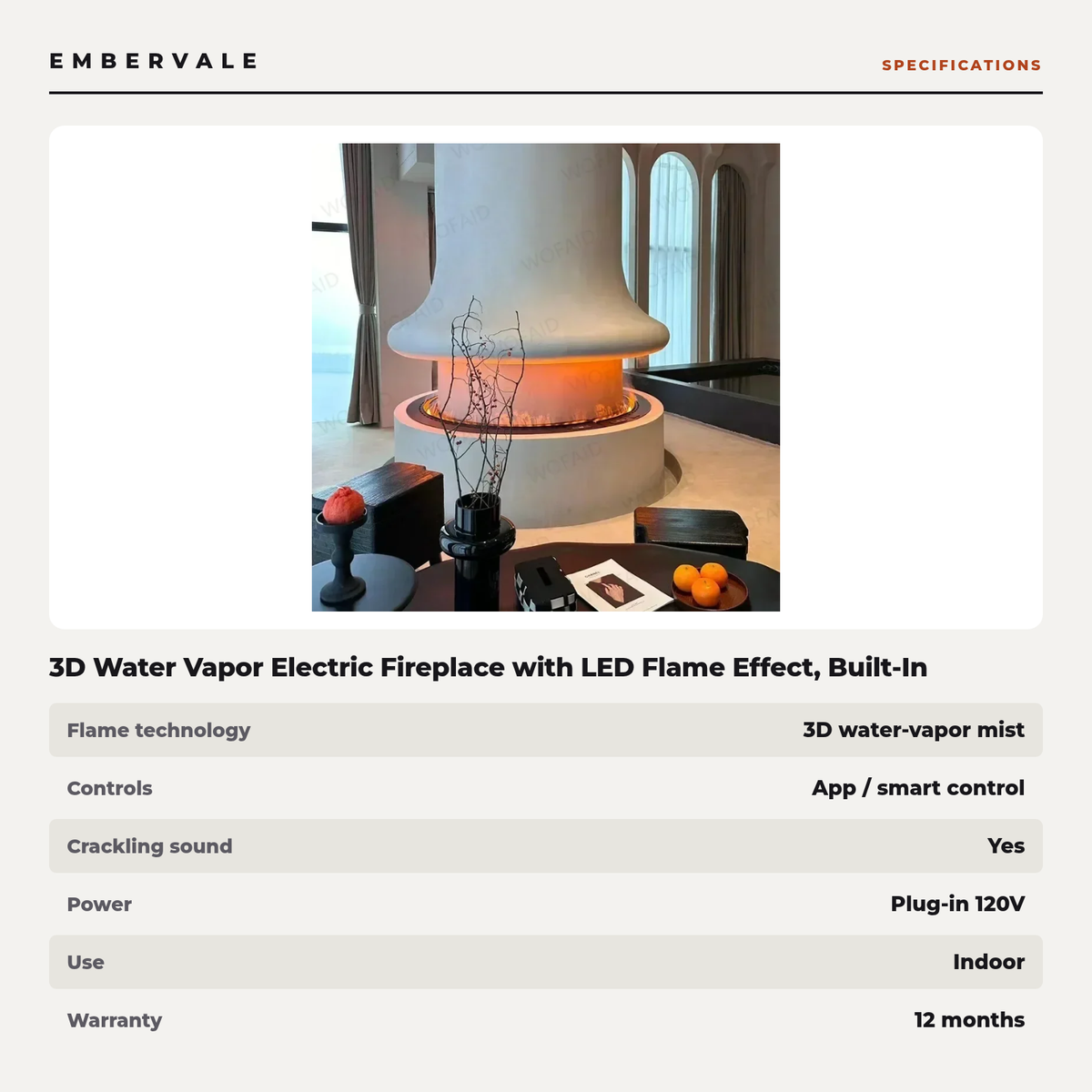 3D Water Vapor Electric Fireplace with LED Flame Effect, Built-In Humidifier & Crackling Sound for TV Wall & Living Room — product view 3