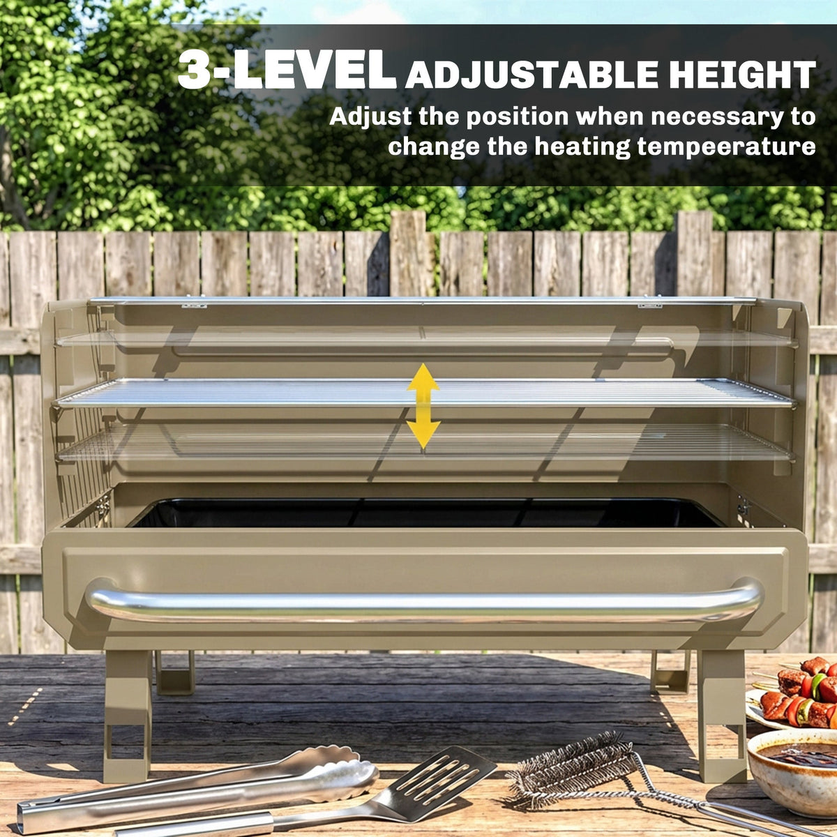 Portable Charcoal BBQ Grill with Adjustable Grates and Side Shelf, Khaki — product view 7