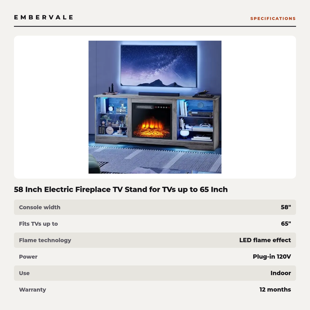 58 Inch Electric Fireplace TV Stand for TVs up to 65 Inch, Modern Media Console Entertainment Center, Adjustable LED Flame for Living Rooms — product view 4