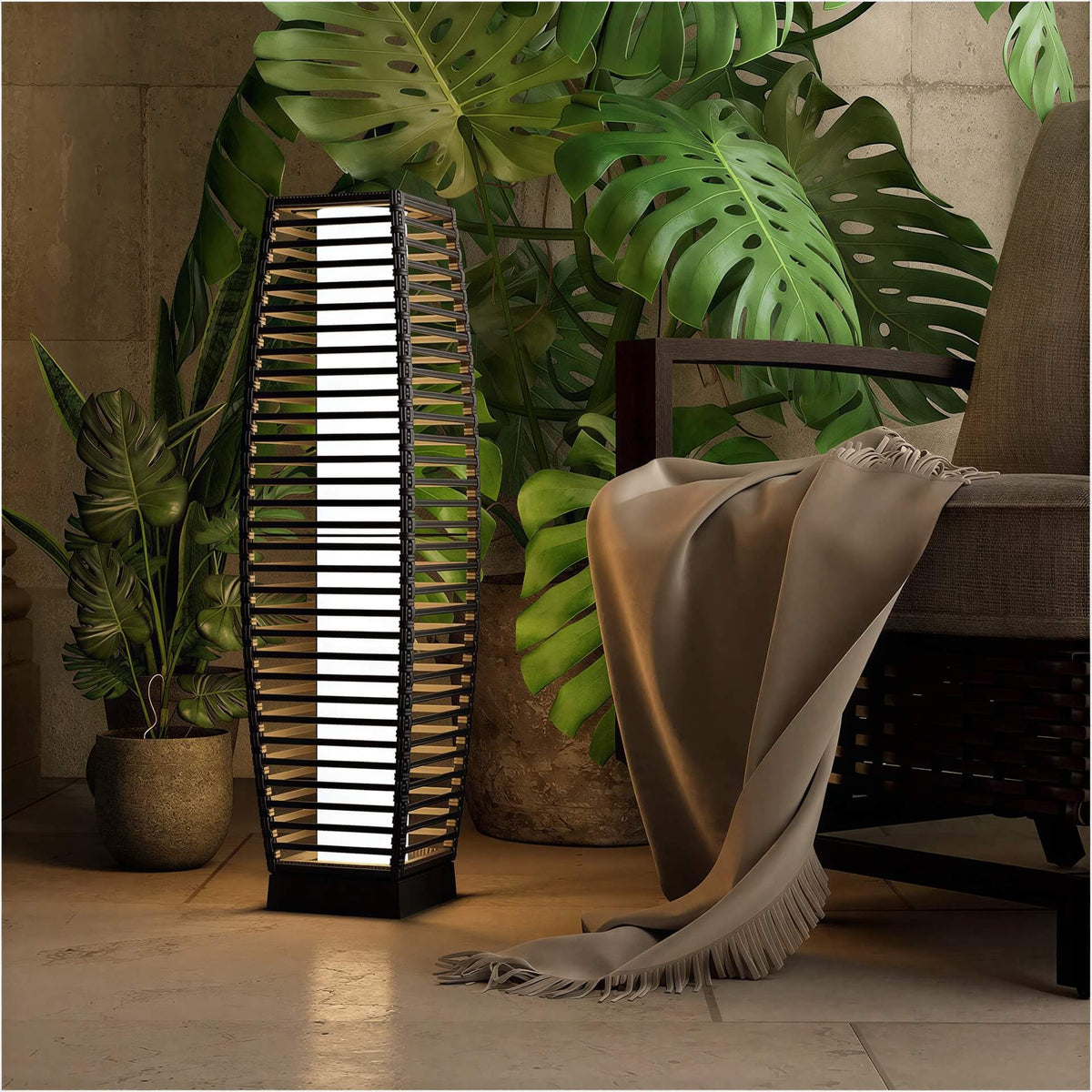 LOUNGE YARD Outdoor Solar-Powered Crossover Woven Resin Wicker Floor Lamp — product view 1
