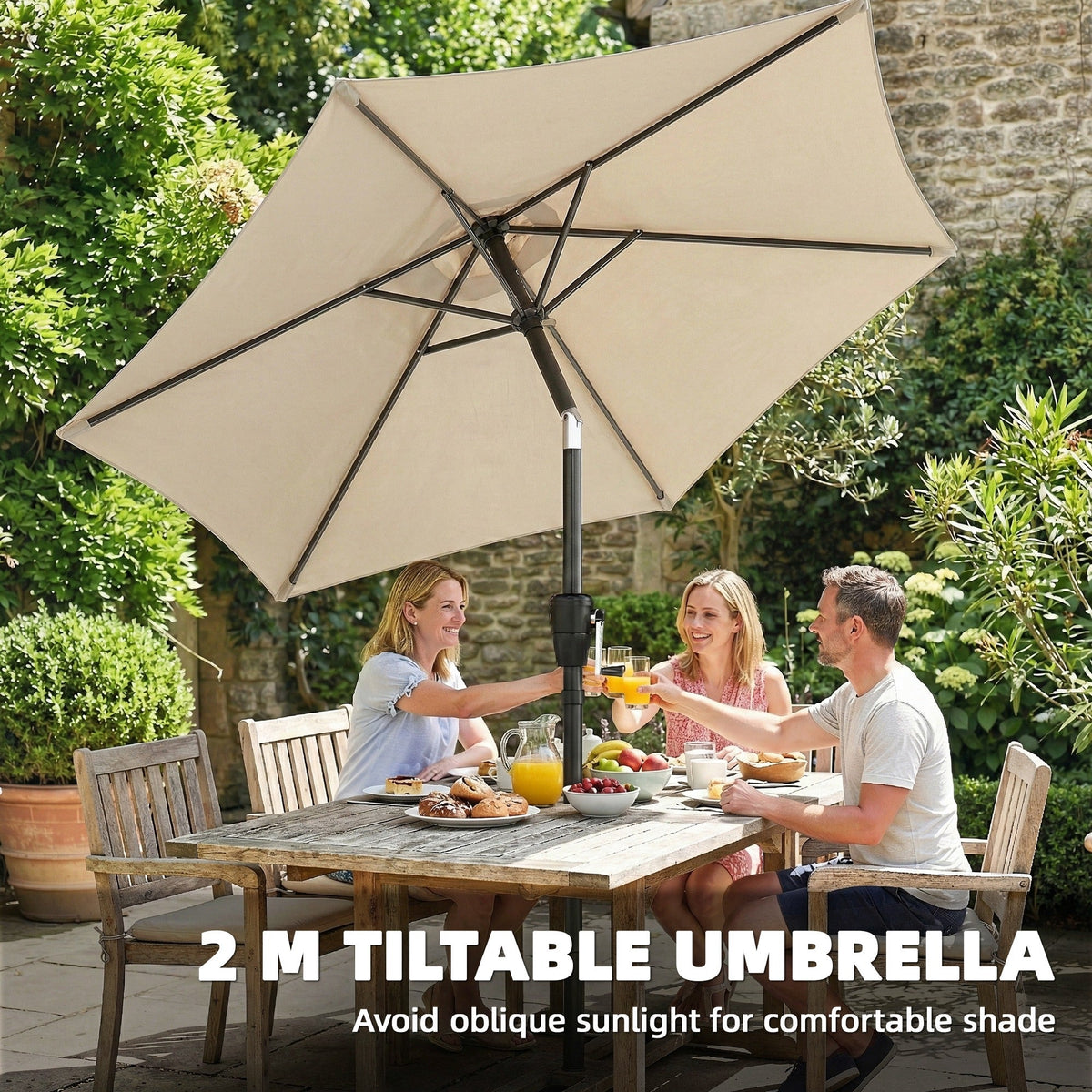 2 m Garden Parasol with Crank Handle, Tilt Function & UV30+, Light Grey — product view 6
