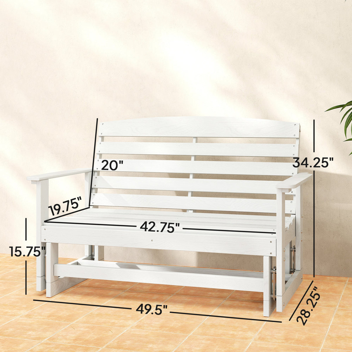 2-Person Outdoor Glider Bench w/ Slatted HDPE Frame for Backyard Garden Porch, Distressed White — product view 5
