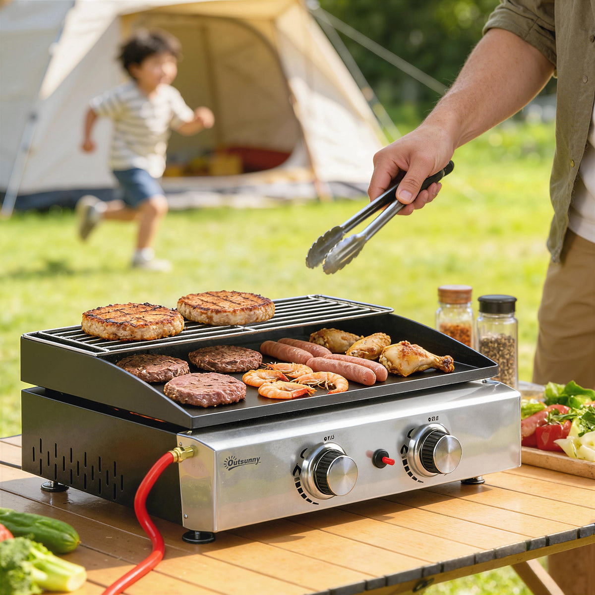 2 Burner Gas Plancha Grill with Warming Rack, 5 kW, Black — product view 4