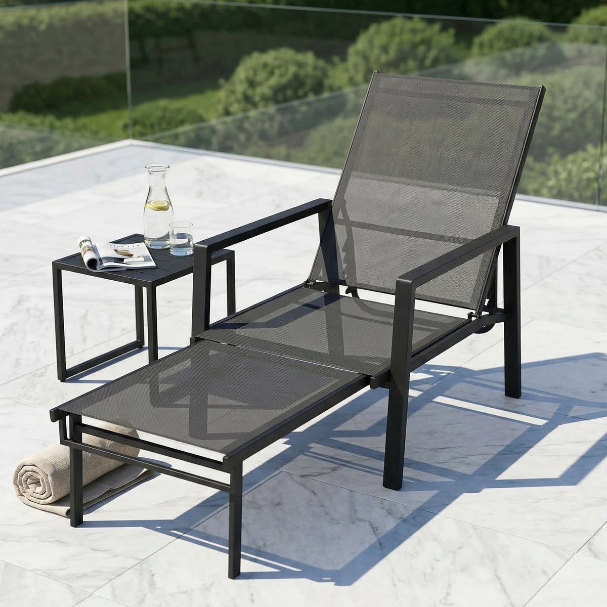 5-Position Adjustable Sun Lounger with Retractable Footrest, Steel Frame, Black — product view 4