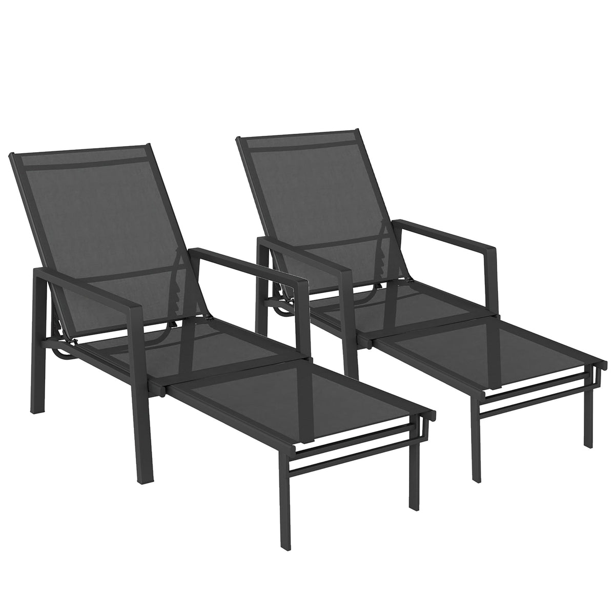 Set of 2 Adjustable Sun Loungers with Retractable Footrest, Steel Frame, Black — product view 1