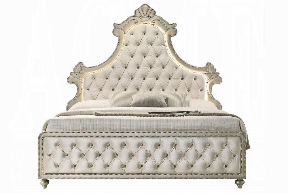 Lucienne Beige Velvet Button-Tufted Ornate Scalloped Headboard Queen Bed with LED Lighting – BD02335Q — product view 3