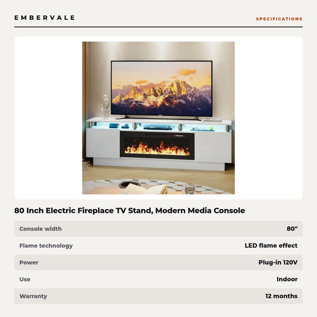 80 Inch Electric Fireplace TV Stand, Modern Media Console Entertainment Center, Adjustable LED Flame for Living Rooms — product view 3