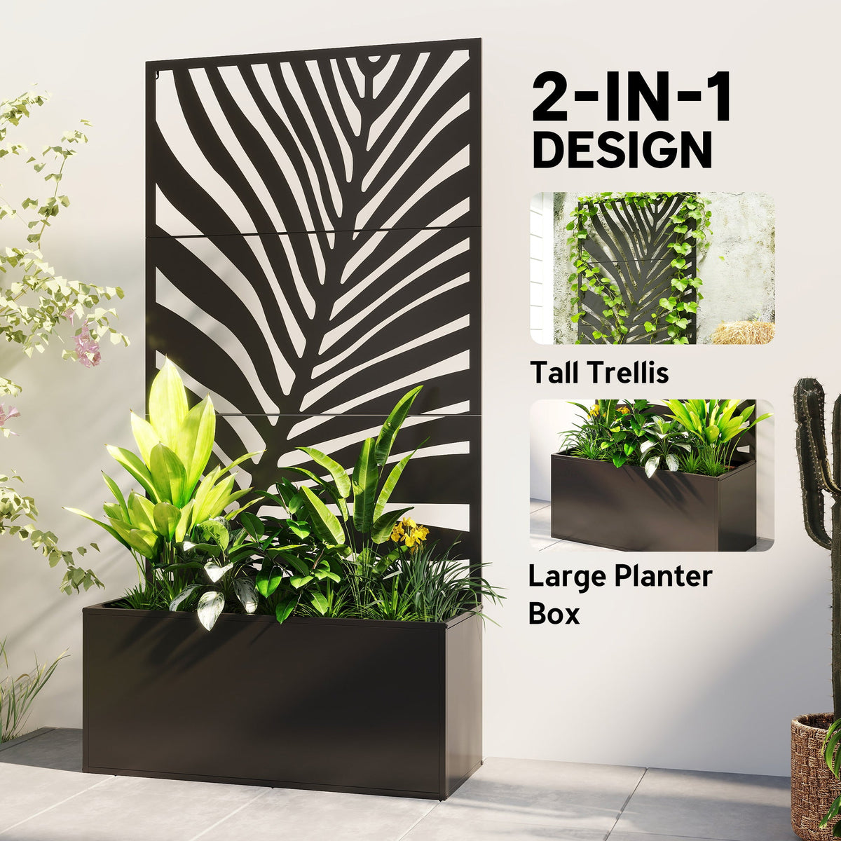 71" Metal Planter Box with Trellis, Large Leaf Cut-Out — product view 6