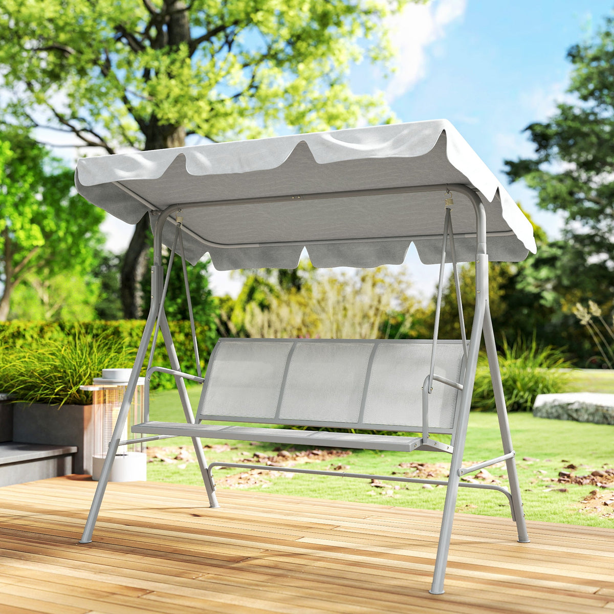 3 Seater Garden Swing Chair with Tilting Canopy & Mesh Seat, Light Grey — product view 4