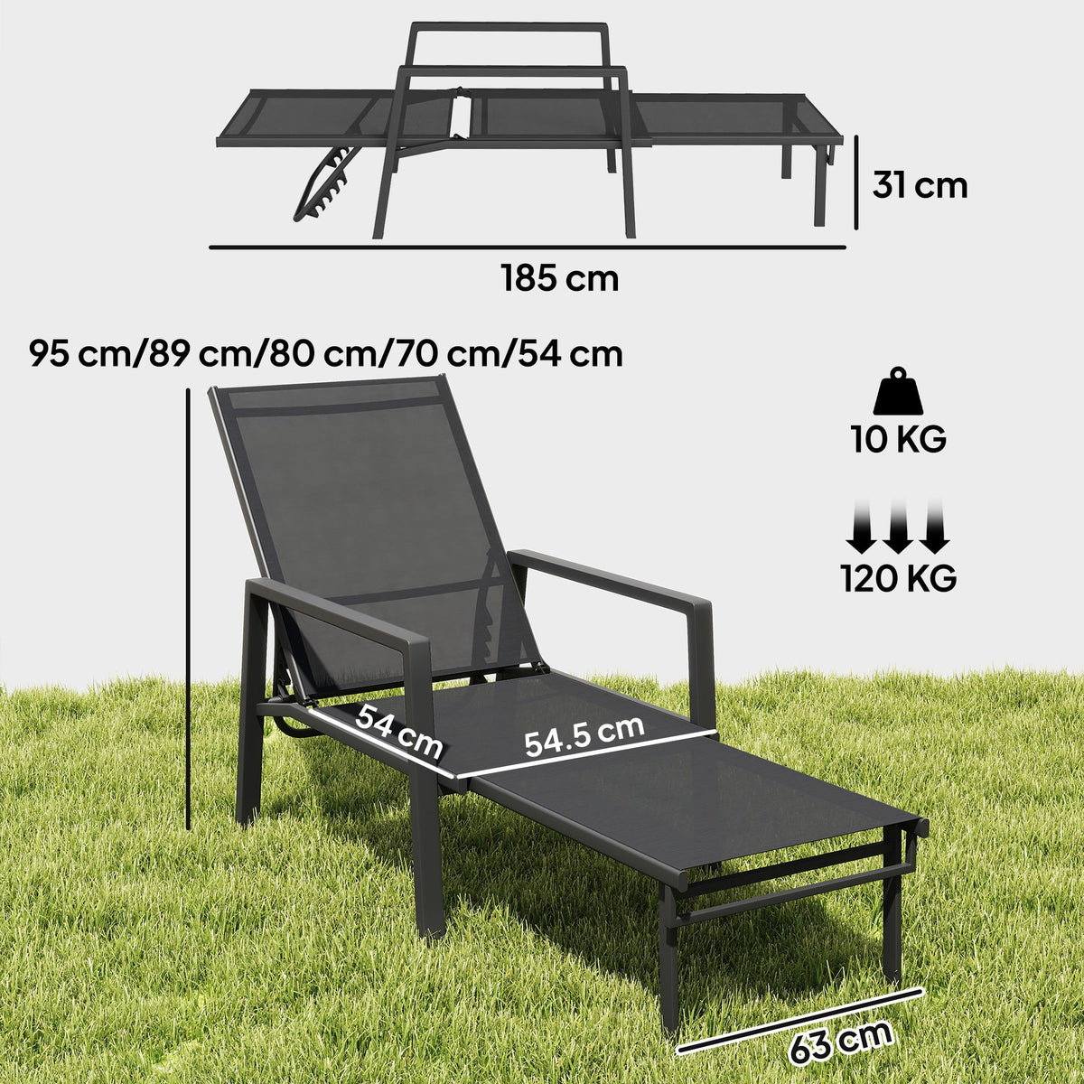 5-Position Adjustable Sun Lounger with Retractable Footrest, Steel Frame, Black — product view 5