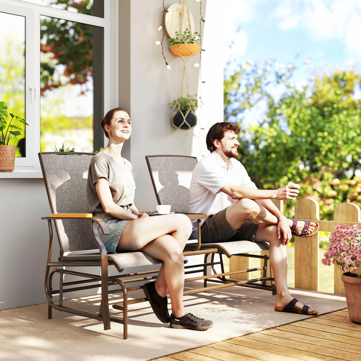 2-Person Outdoor Glider Bench with Table, Light Mixed Brown — product view 3