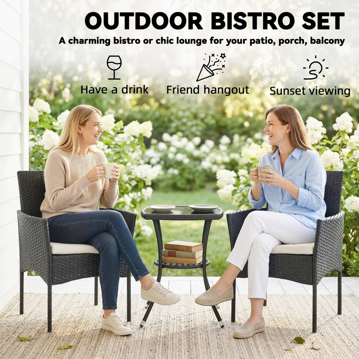 3-Piece PE Wicker Bistro Set with 2-Tier Glass Table and Cushions, Cream White — product view 6