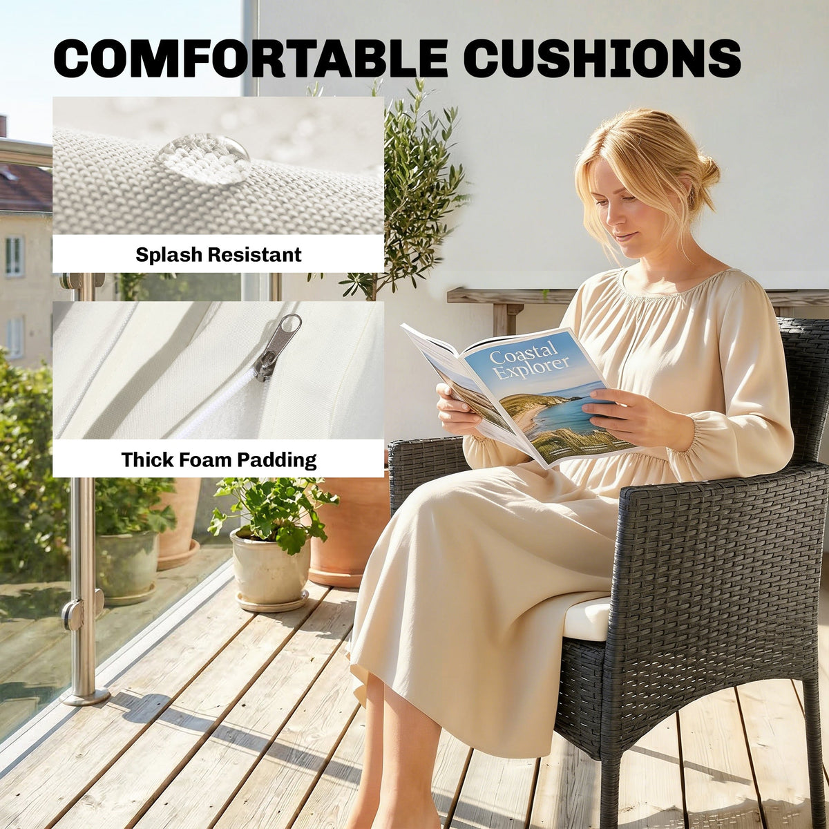3-Piece PE Wicker Bistro Set with 2-Tier Glass Table and Cushions, Cream White — product view 7