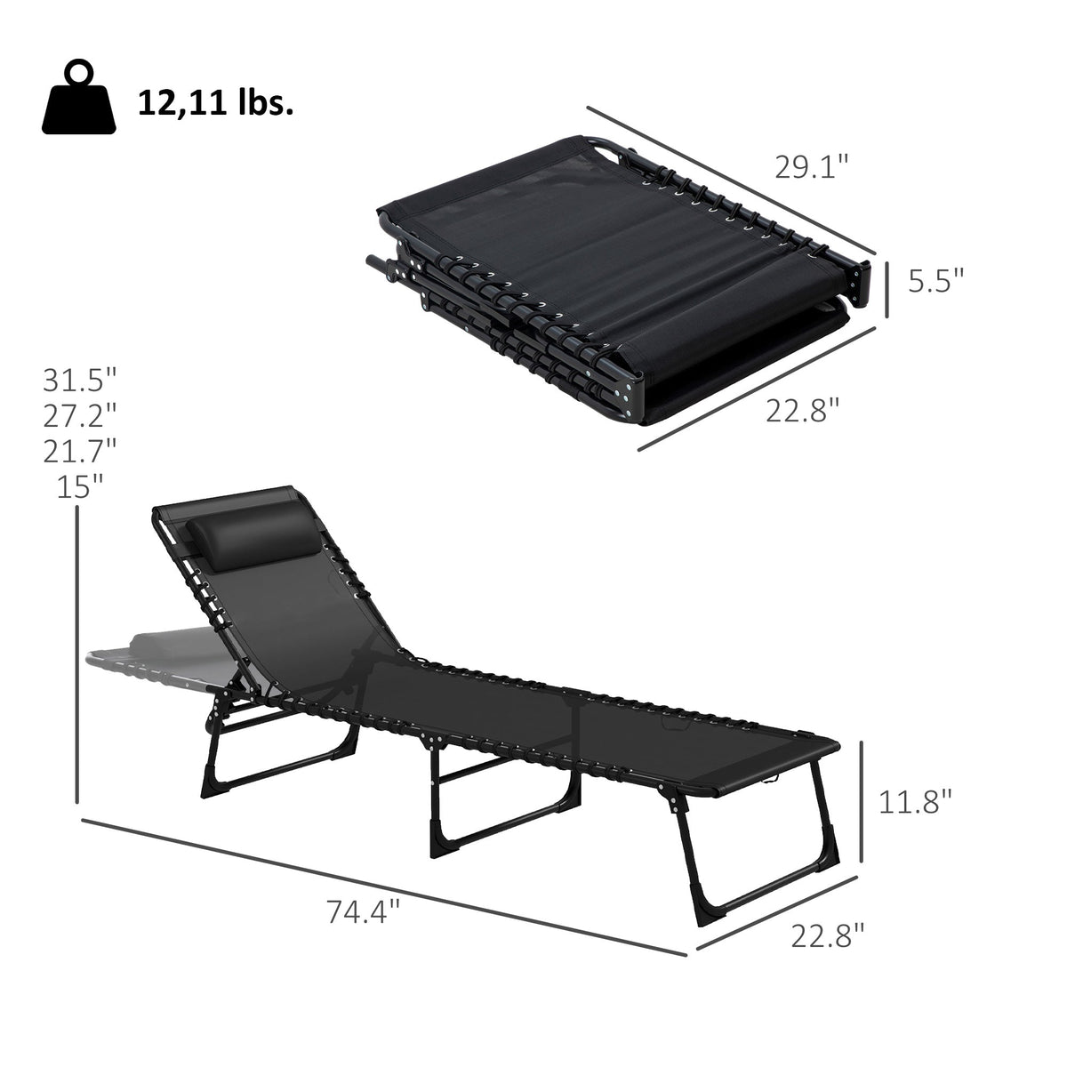2-Piece Folding Chaise Lounge Set for Poolside or Beach, Black — product view 5