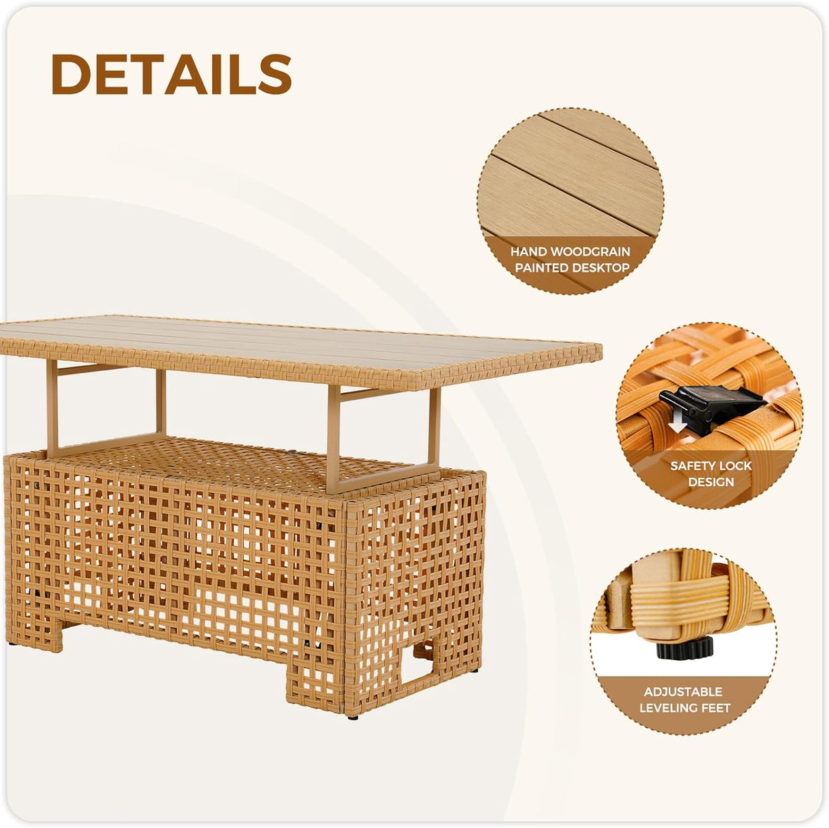 LOUNGE YARD Outdoor & Indoor Coffee Dining Table - All-Weather Resin Wicker Rattan, Adjustable Steel Slat Lift Top — product view 4