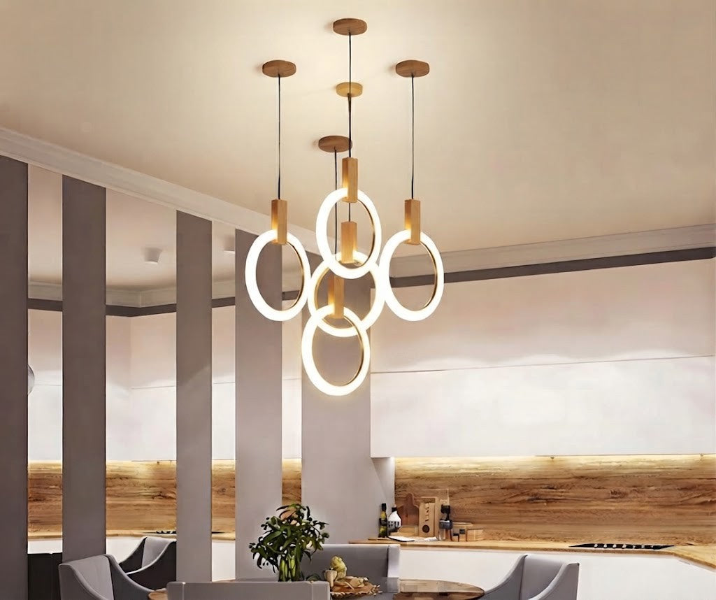 HALO Wood Ring LED Chandelier Dimmable Dining Room Living Room Staircase — 1 to 5 Rings — product view 5