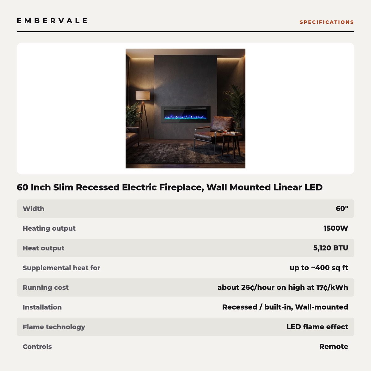60 Inch Slim Recessed Electric Fireplace, Wall Mounted Linear LED Fireplace with Digital Thermostat, Blower Fan & Remote, 750-1500W, Black — product view 4