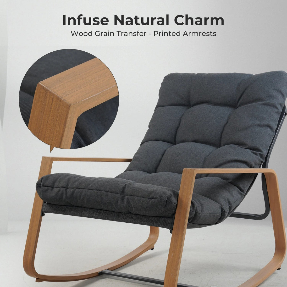 LOUNGE YARD Outdoor Modern Rocking Chair with Water-Resistant Fabric & Walnut-Finish Legs — product view 4