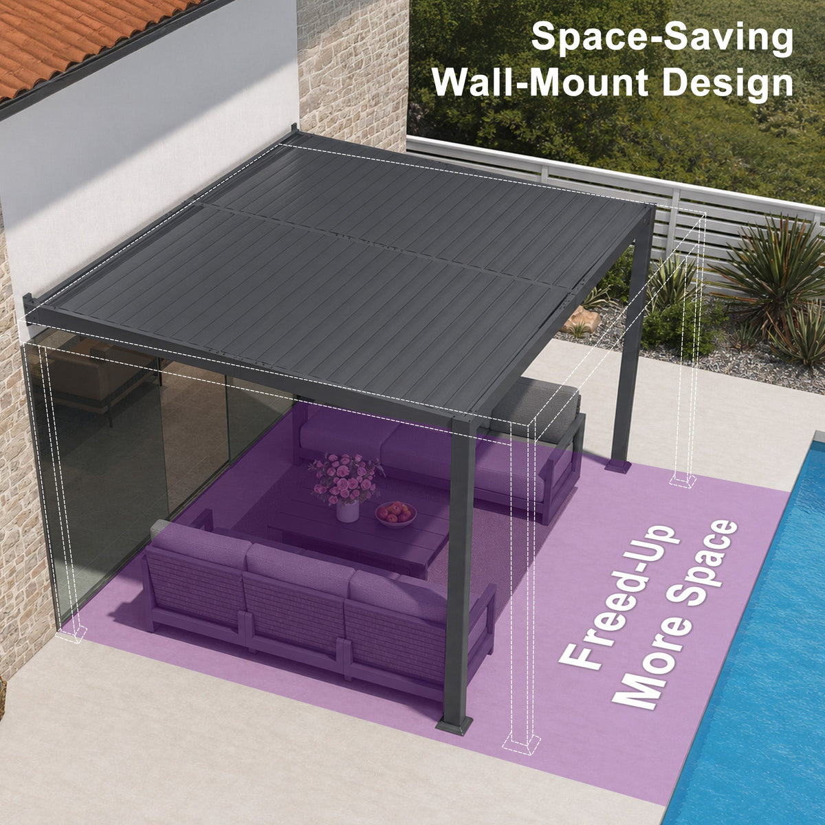PURPLE LEAF Caesar Wall Mounted Louvered Pergola, All-Aluminum Patio Cover with Adjustable Roof, Hidden Gutter Drainage, Lean-to Pergola for Deck, Backyard, Porch, Dark Gray — product view 5
