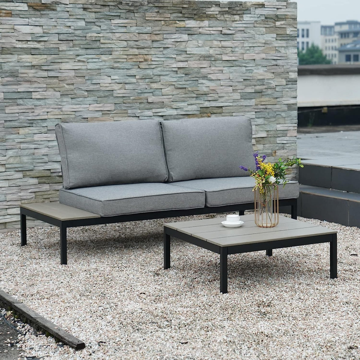 LOUNGE YARD Outdoor Sectional Sofa Set, Aluminum Frame Conversation Set with Cushion & Woodgrain Built-in Side Coffee Table, 4-Piece Modern Furniture Set for Poolside, Backyard, Deck, Gray — product view 6
