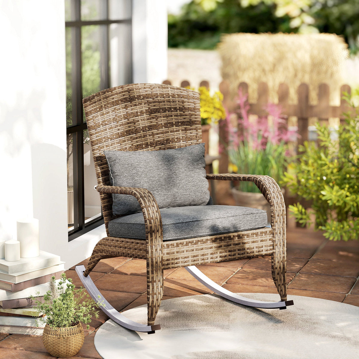Wicker Adirondack Rocking Chair with Cushion and Pillow, Grey/Mixed Yellow — product view 3