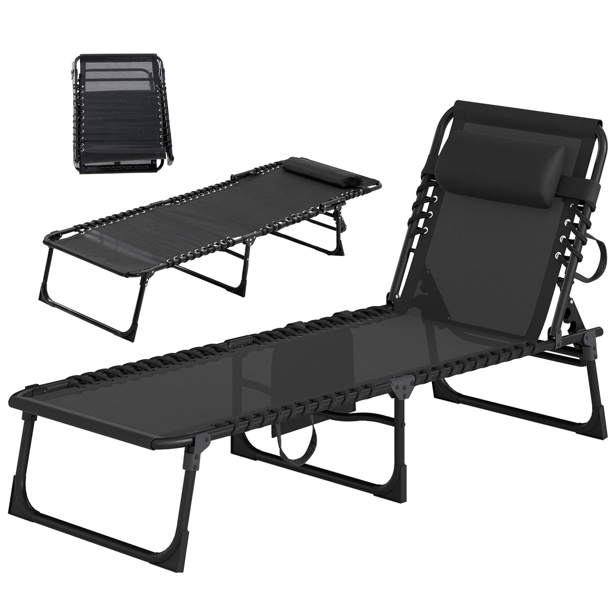 Folding Lounge Chair with Adjustable Backrest and Pillow, Black — product view 2