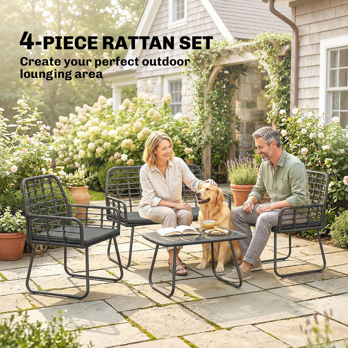 4 Piece Rattan Garden Furniture Set with Loveseat and Coffee Table, Black — product view 6