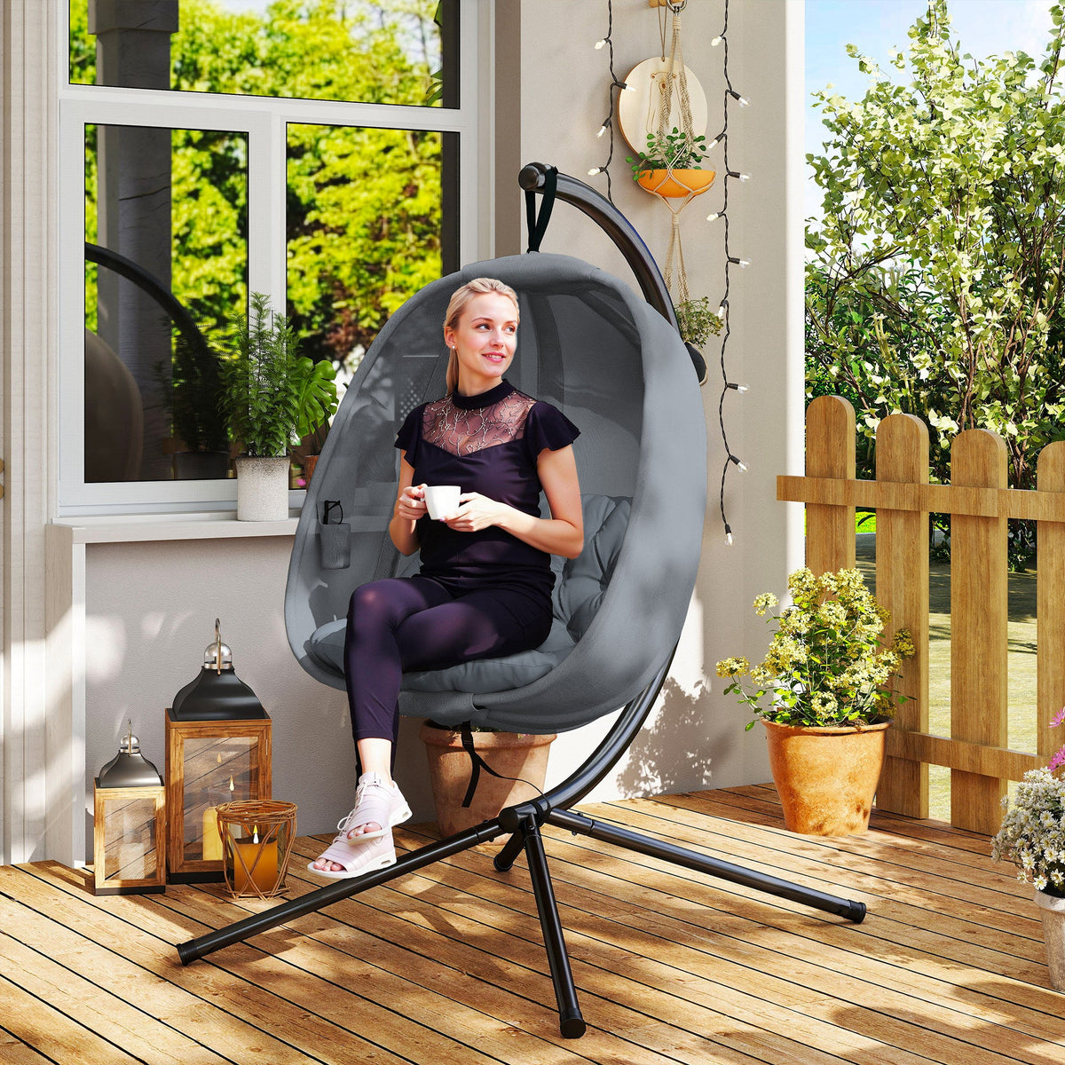 Hanging Egg Chair, Outdoor Indoor Swing Chair with Stand, Folding Basket and Thickened Cushion for Patio, Garden, Balcony, Grey — product view 3