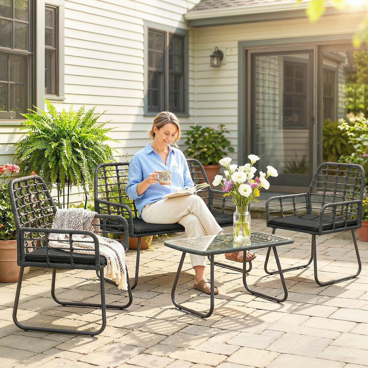 4 Piece Rattan Garden Furniture Set with Loveseat and Coffee Table, Black — product view 3
