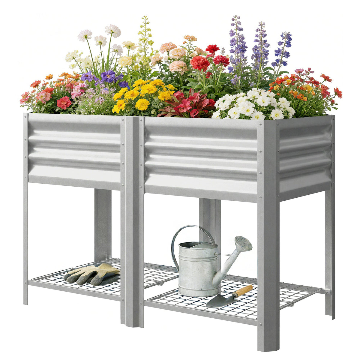 Galvanized Steel Raised Garden Bed with Legs and Storage Shelf, Silver — product view 2