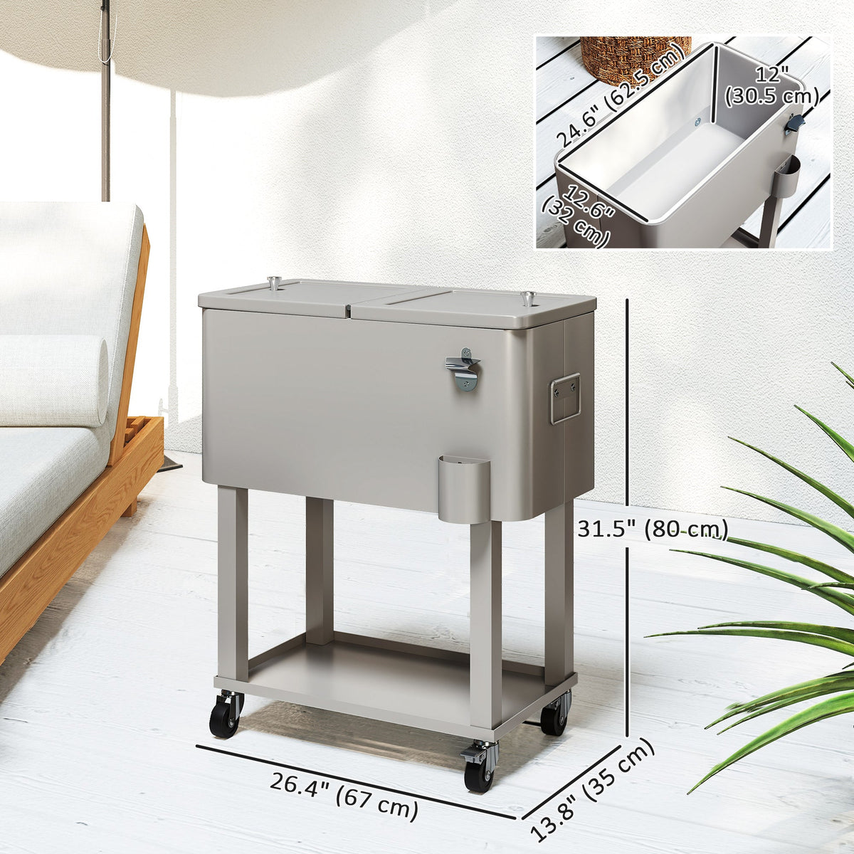 60 Quart Rolling Patio Cooler Cart with Shelf and Bottle Opener, Silver — product view 5