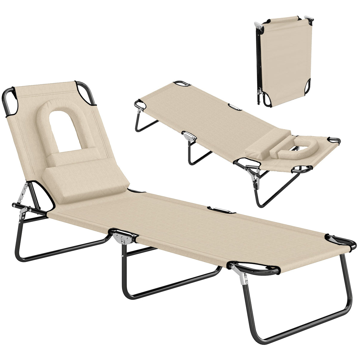 Folding Outdoor Lounge Chair with Face Hole and Pillow, Beige — product view 1