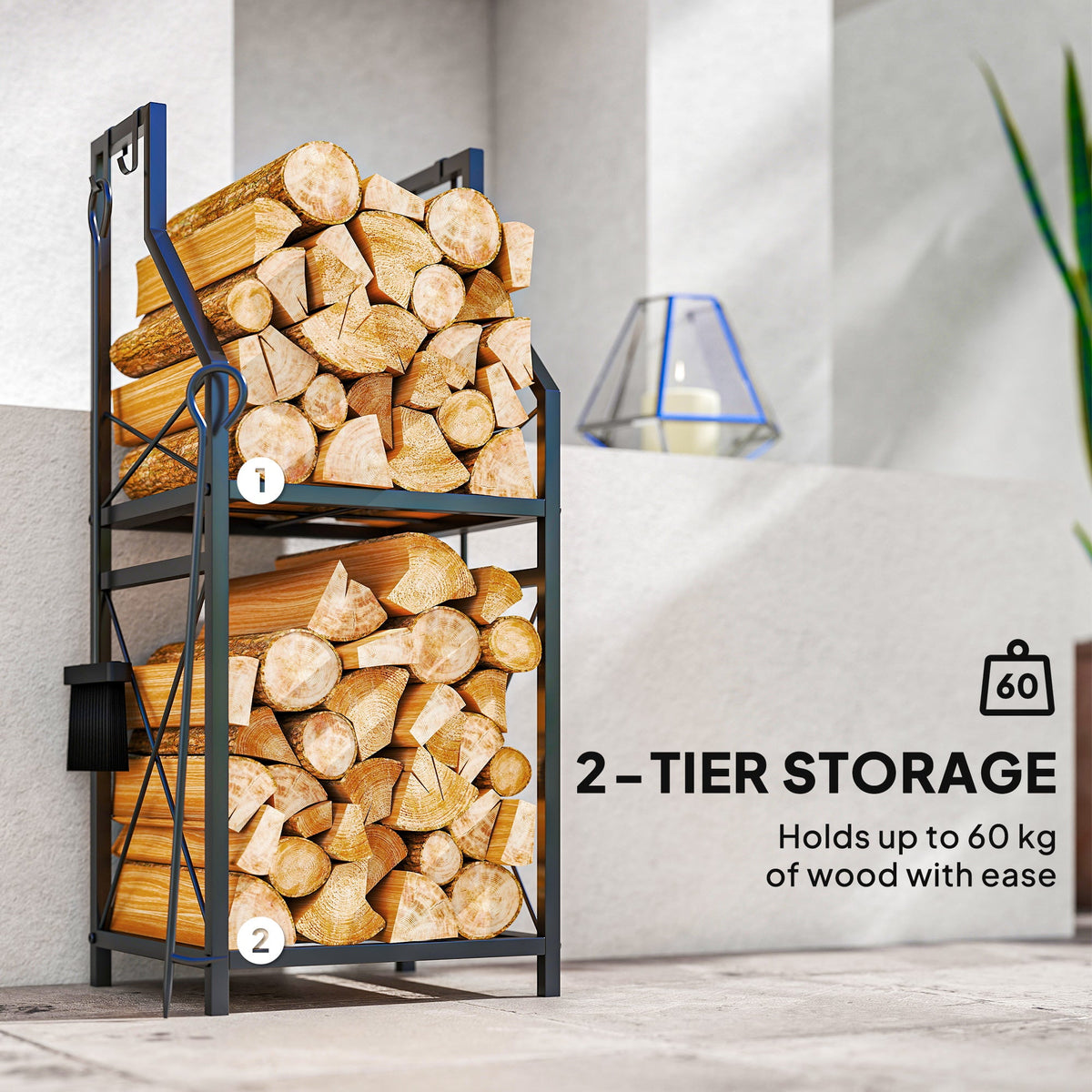 13 in 2-Tier Firewood Log Rack with Hooks & 4 Fireplace Tools, Black — product view 6