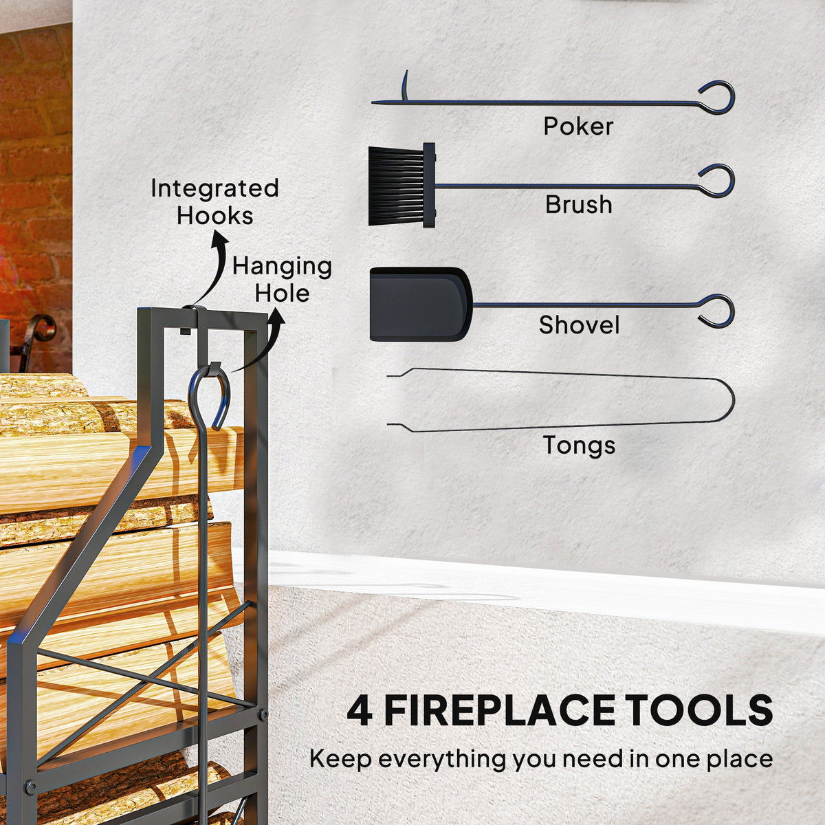 13 in 2-Tier Firewood Log Rack with Hooks & 4 Fireplace Tools, Black — product view 7