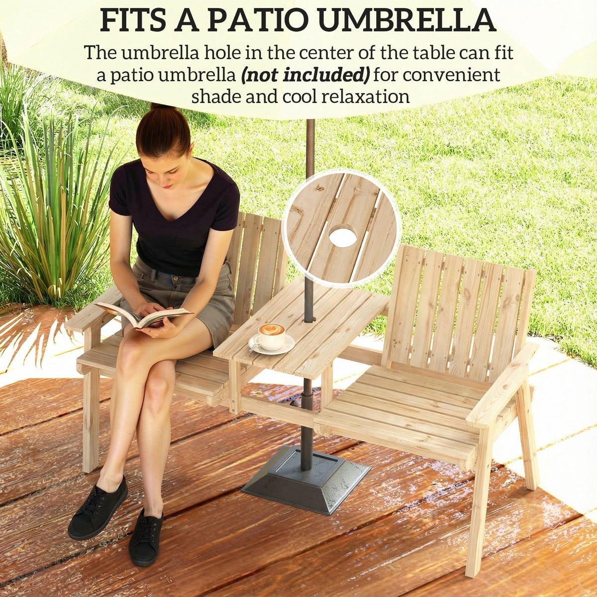 2-Seater Wooden Garden Loveseat with Table and Parasol Hole, Natural — product view 7