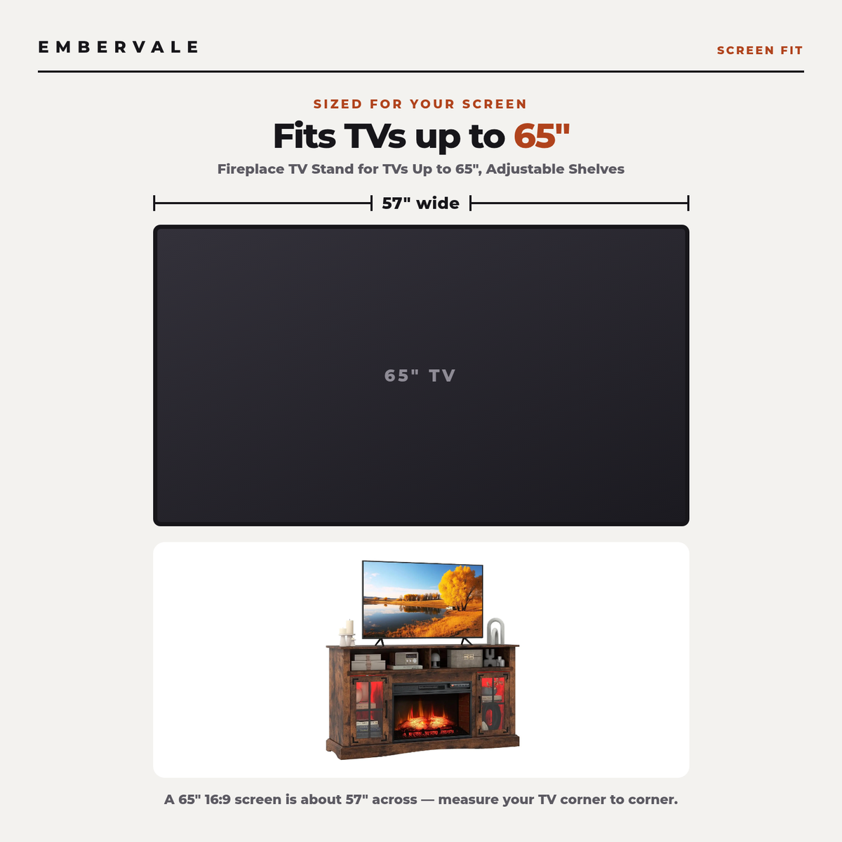 Fireplace TV Stand for TVs Up to 65", Adjustable Shelves LED Light Entertainment Center with Electric Fireplace — product view 4