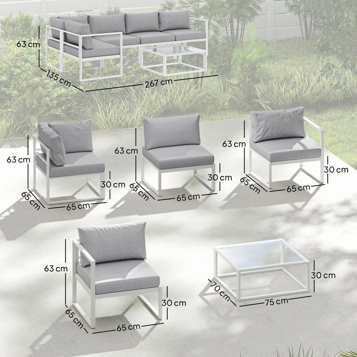 6 Seater Aluminium Garden Sofa Set with Coffee Table, Light Grey — product view 5