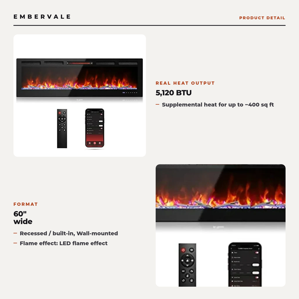 60 Inch Smart WiFi Electric Fireplace, Recessed & Wall-Mounted Linear Fireplace with Realistic Flame & 1500W Quartz Heater — product view 2