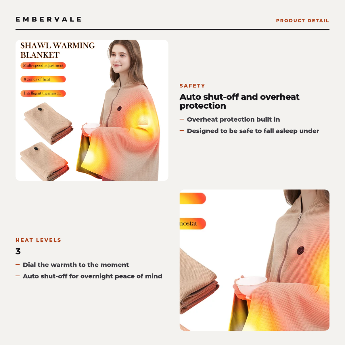 Electric Wearable Heated Blanket, 3 Heat Levels, Machine Washable, USB Powered, Auto Shut-Off and Overheat Protection for Sofa and Bed — product view 2