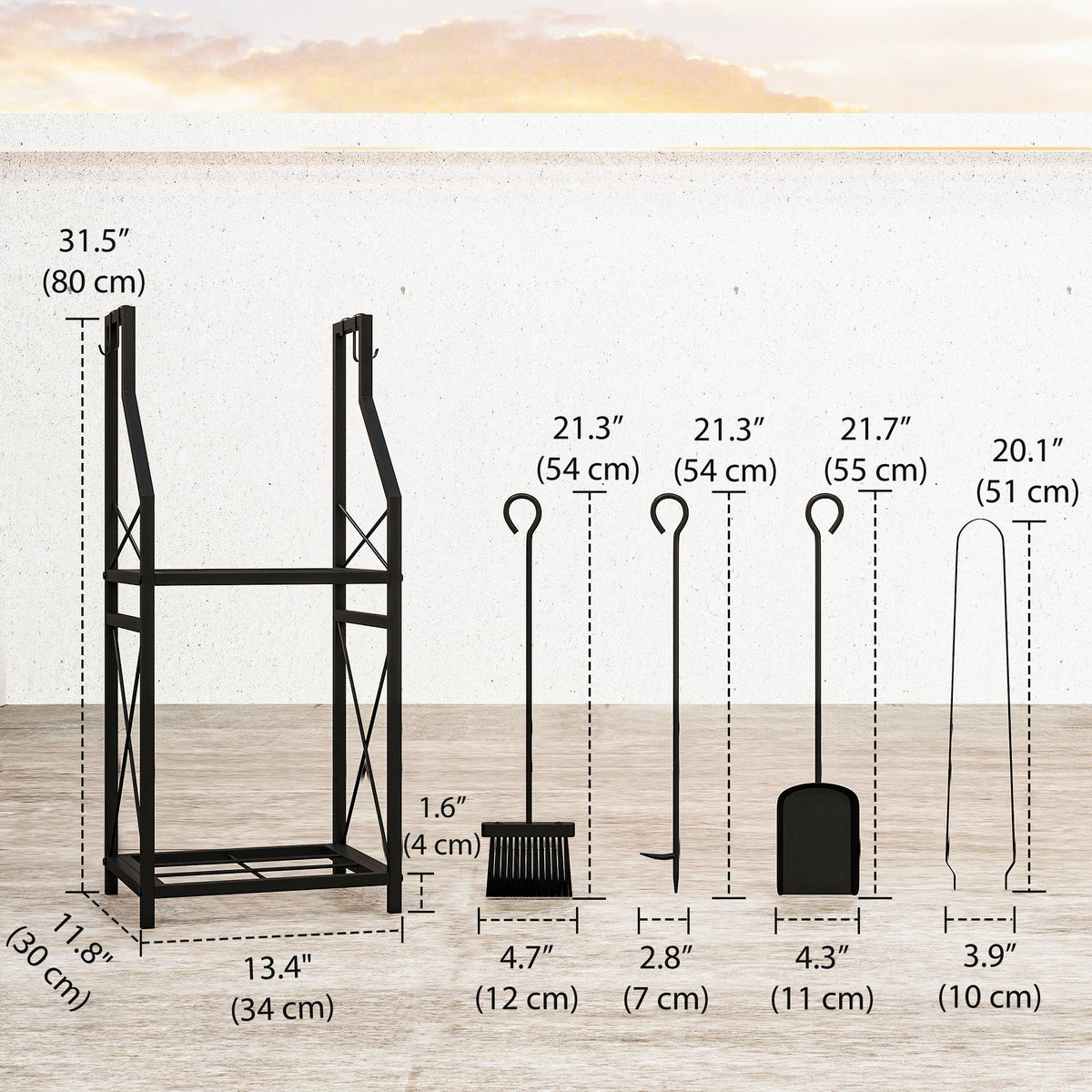 13 in 2-Tier Firewood Log Rack with Hooks & 4 Fireplace Tools, Black — product view 5
