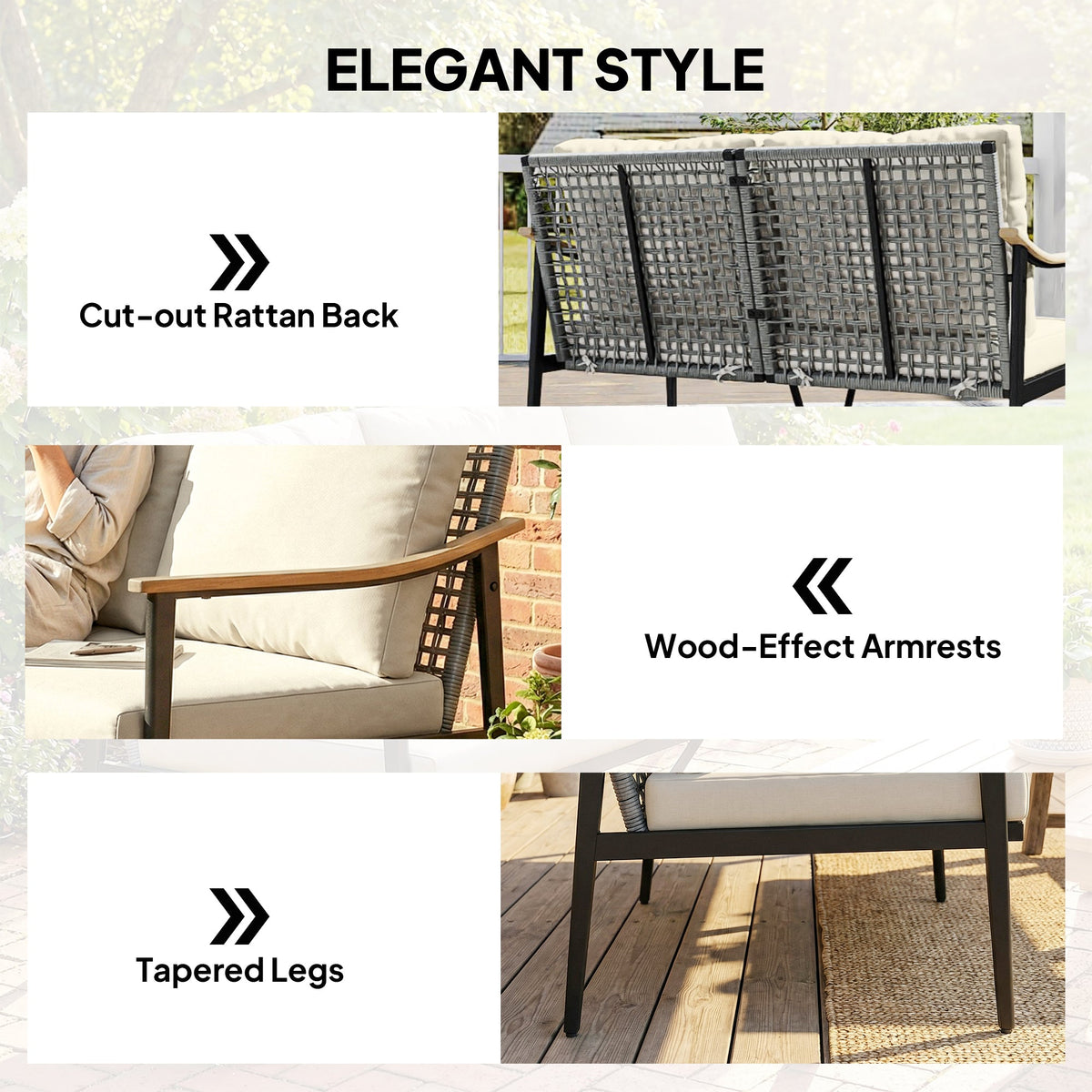 2 Seater Rattan Sofa with Wood-Effect Armrests, Khaki — product view 7