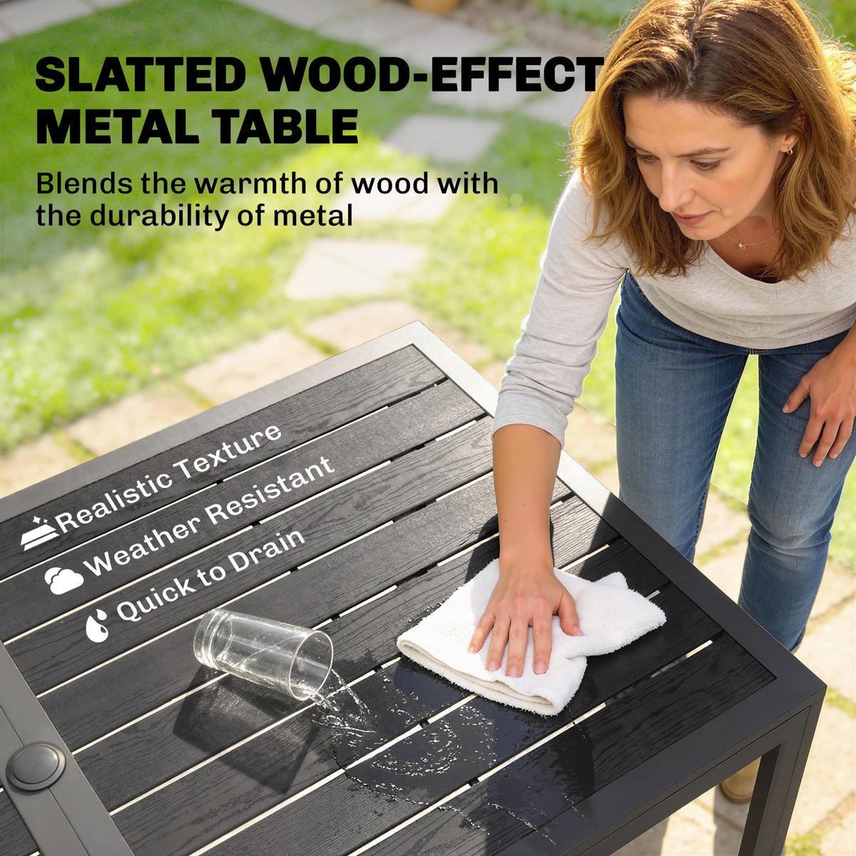 7-Piece Garden Dining Set with 6 Faux Rattan Chairs & Wood-Effect Table, Black — product view 7