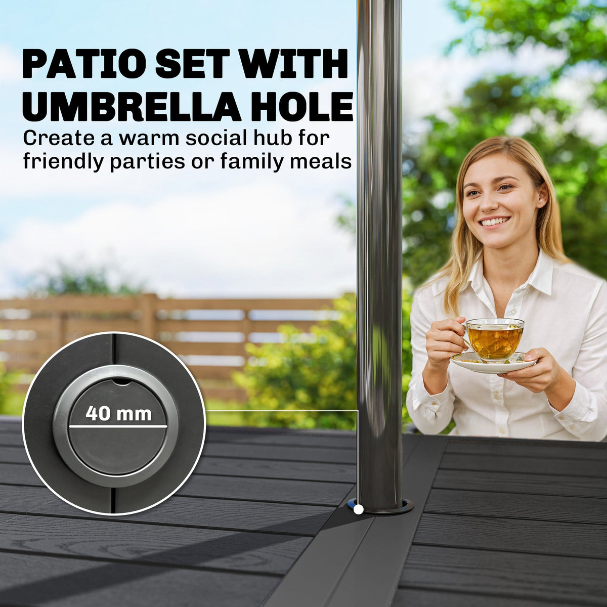 7-Piece Garden Dining Set with 6 Faux Rattan Chairs & Wood-Effect Table, Black — product view 6