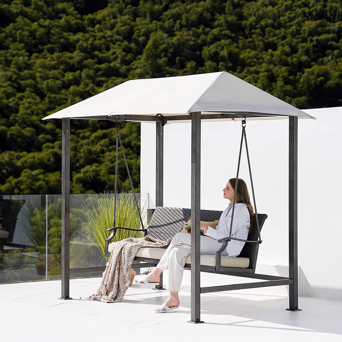 LOUNGE YARD Outdoor Porch Swing 3-Seat with Canopy and Removable Cushion for Garden, Backyard, Poolside — product view 3