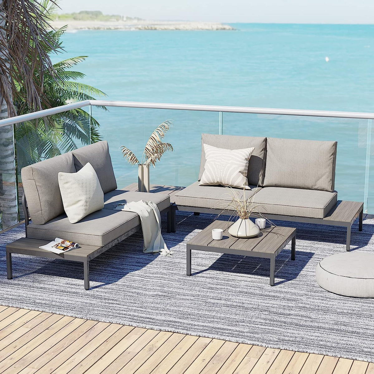 LOUNGE YARD Outdoor Sectional Sofa Set, Aluminum Frame Conversation Set with Cushion & Woodgrain Built-in Side Coffee Table, 4-Piece Modern Furniture Set for Poolside, Backyard, Deck, Gray — product view 2