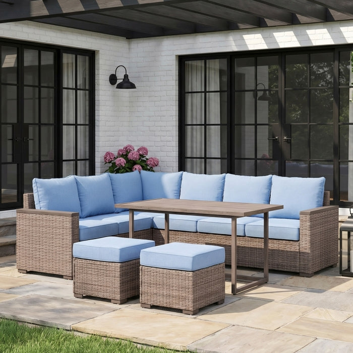 Blue Cushion and Wicker 5-Piece Outdoor Patio Sectional Set with Convertible Table Rowen – 70000RBU-SC — product view 1