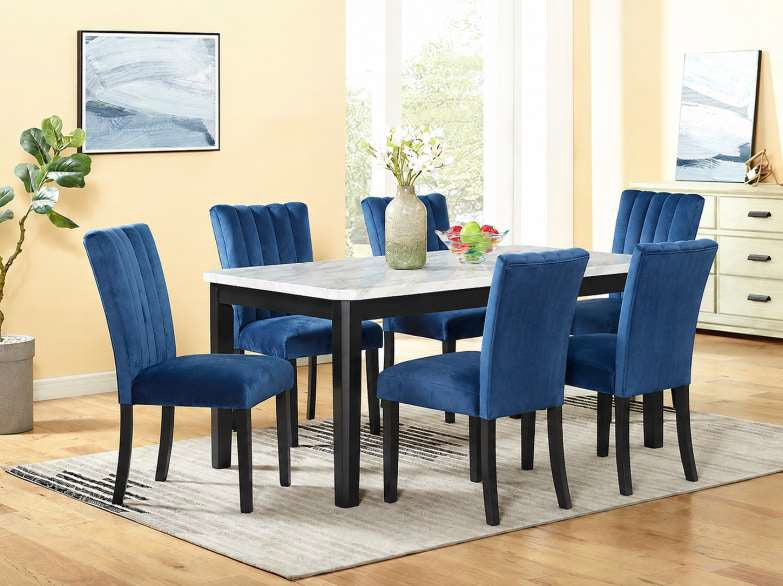 Mc Ferran Mach Black Finish Wood Faux Marble Top 7-Piece Dining Table Set with Blue Velvet Chairs – D548-7PC — product view 1