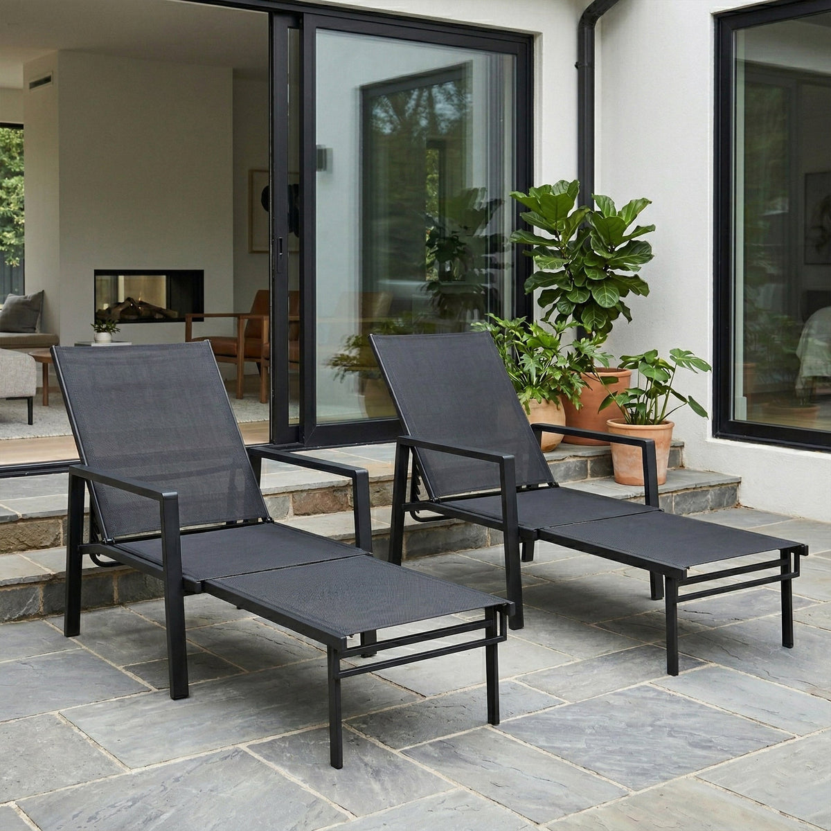 Set of 2 Adjustable Sun Loungers with Retractable Footrest, Steel Frame, Black — product view 3