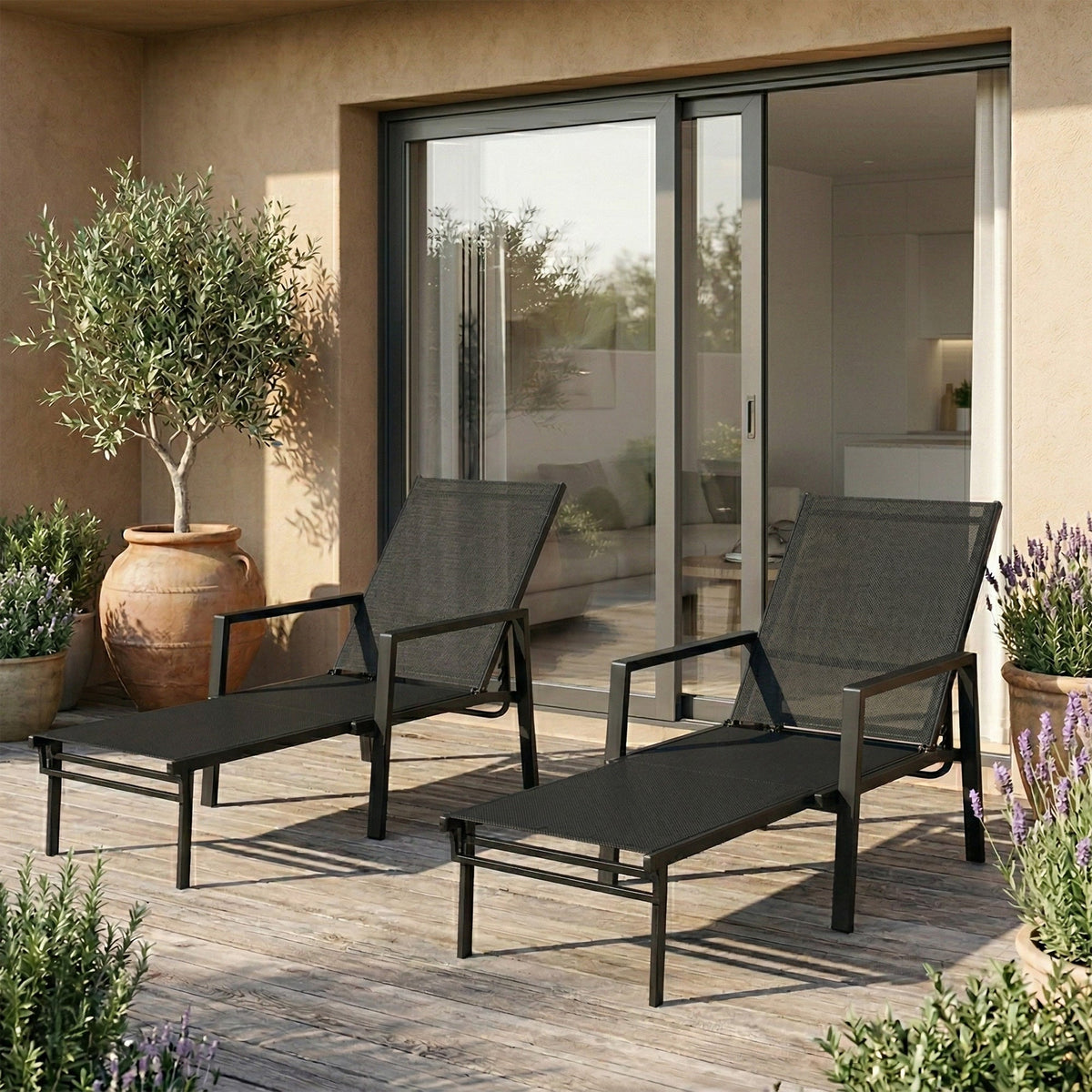 Set of 2 Adjustable Sun Loungers with Retractable Footrest, Steel Frame, Black — product view 4