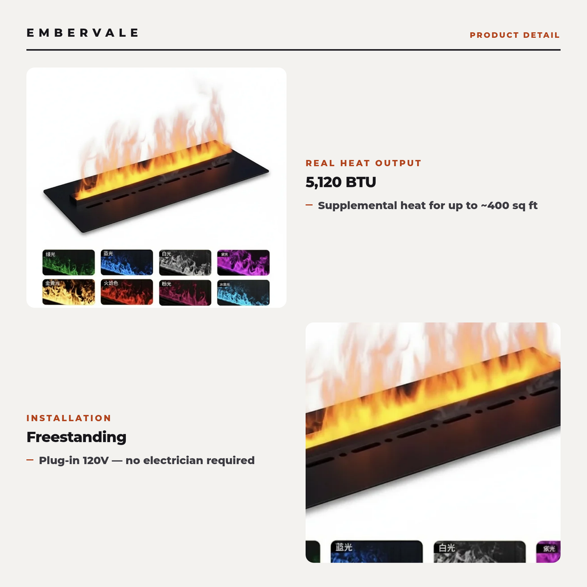 Electric Steam Fireplace, 1500W Metal Water Vapor Fireplace with 3D LED Flame, App-Controlled Freestanding Heater — product view 3